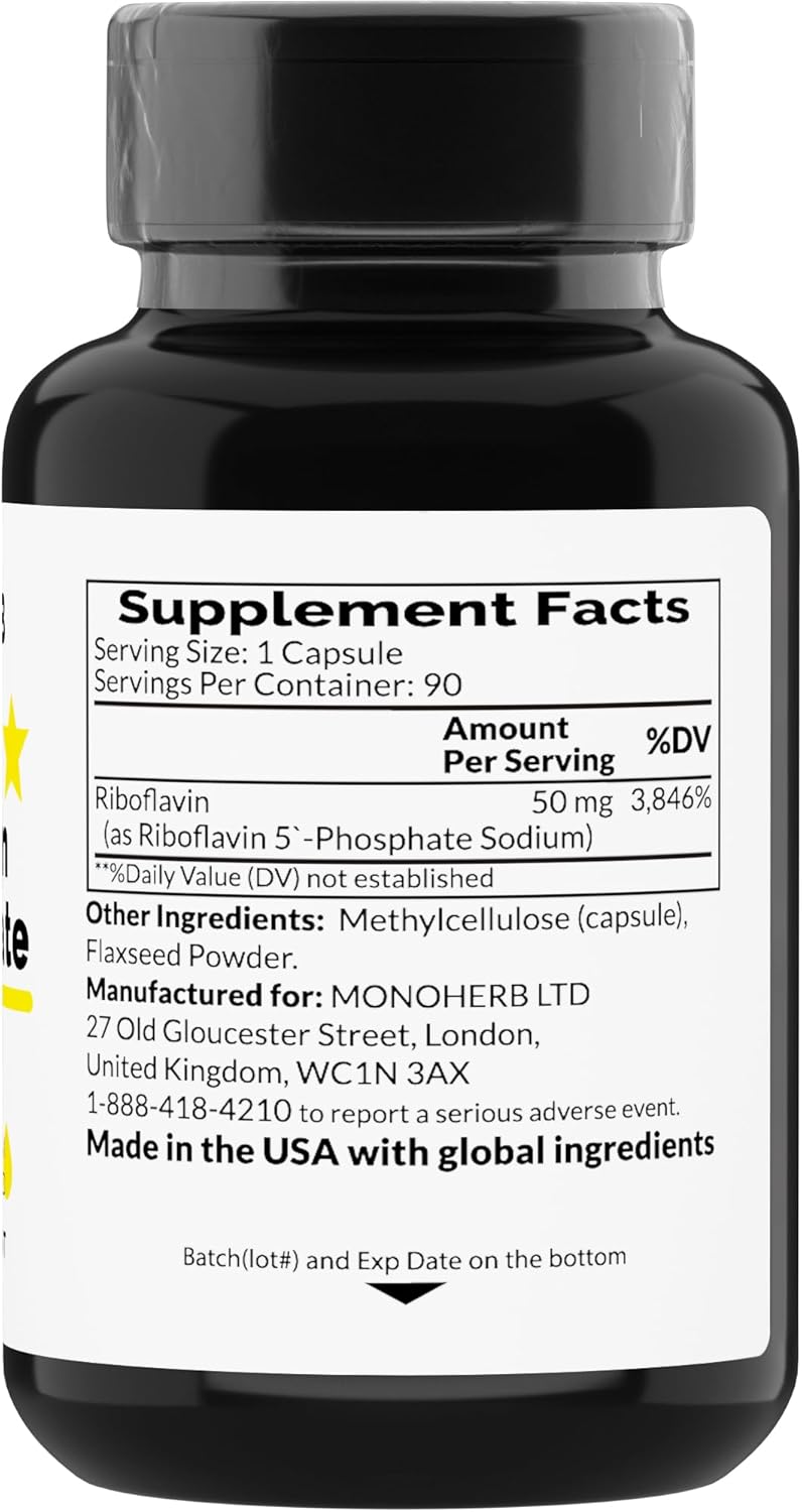 Riboflavin 5'-Phosphate 50 mg Supplement - 90 Vegetarian Capsules - Bioactive Vitamin B2 - Made in USA