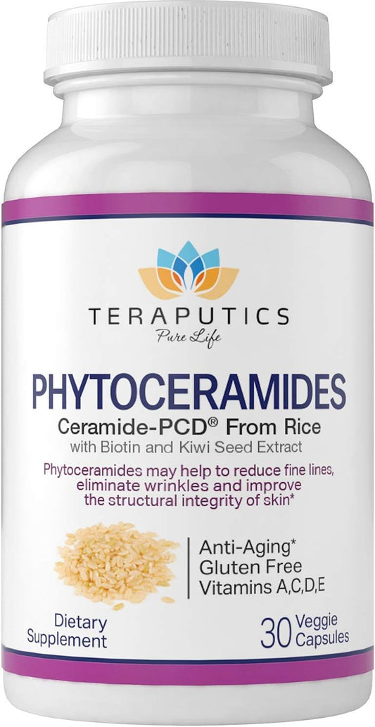Rice-Based Phytoceramides with Biotin & Kiwi Seed - Hair Skin Nails Vitamin - Reduce Fine Lines, Strengthen Hair & Nails - 30 Veggie Capsules