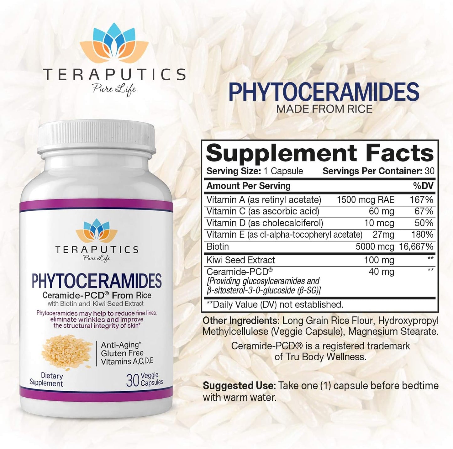 Rice-Based Phytoceramides with Biotin & Kiwi Seed - Hair Skin Nails Vitamin - Reduce Fine Lines, Strengthen Hair & Nails - 30 Veggie Capsules