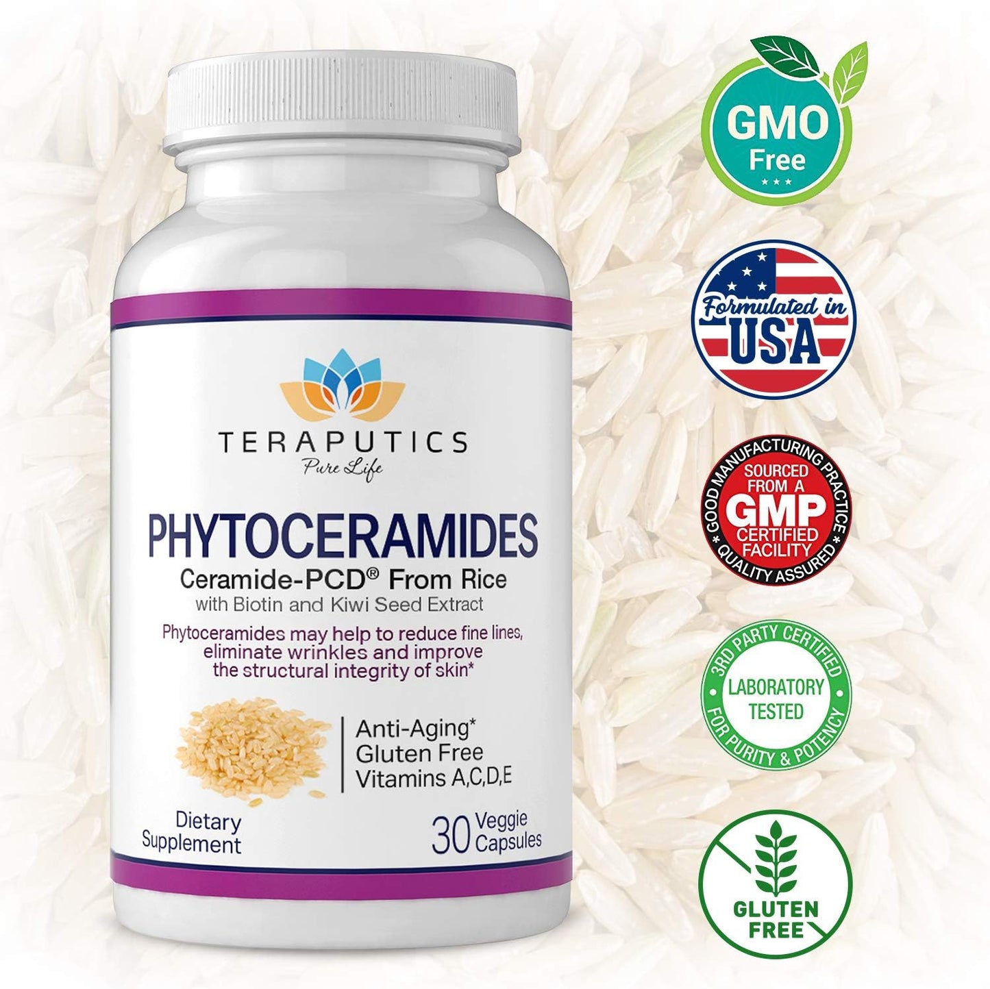 Rice-Based Phytoceramides with Biotin & Kiwi Seed - Hair Skin Nails Vitamin - Reduce Fine Lines, Strengthen Hair & Nails - 30 Veggie Capsules
