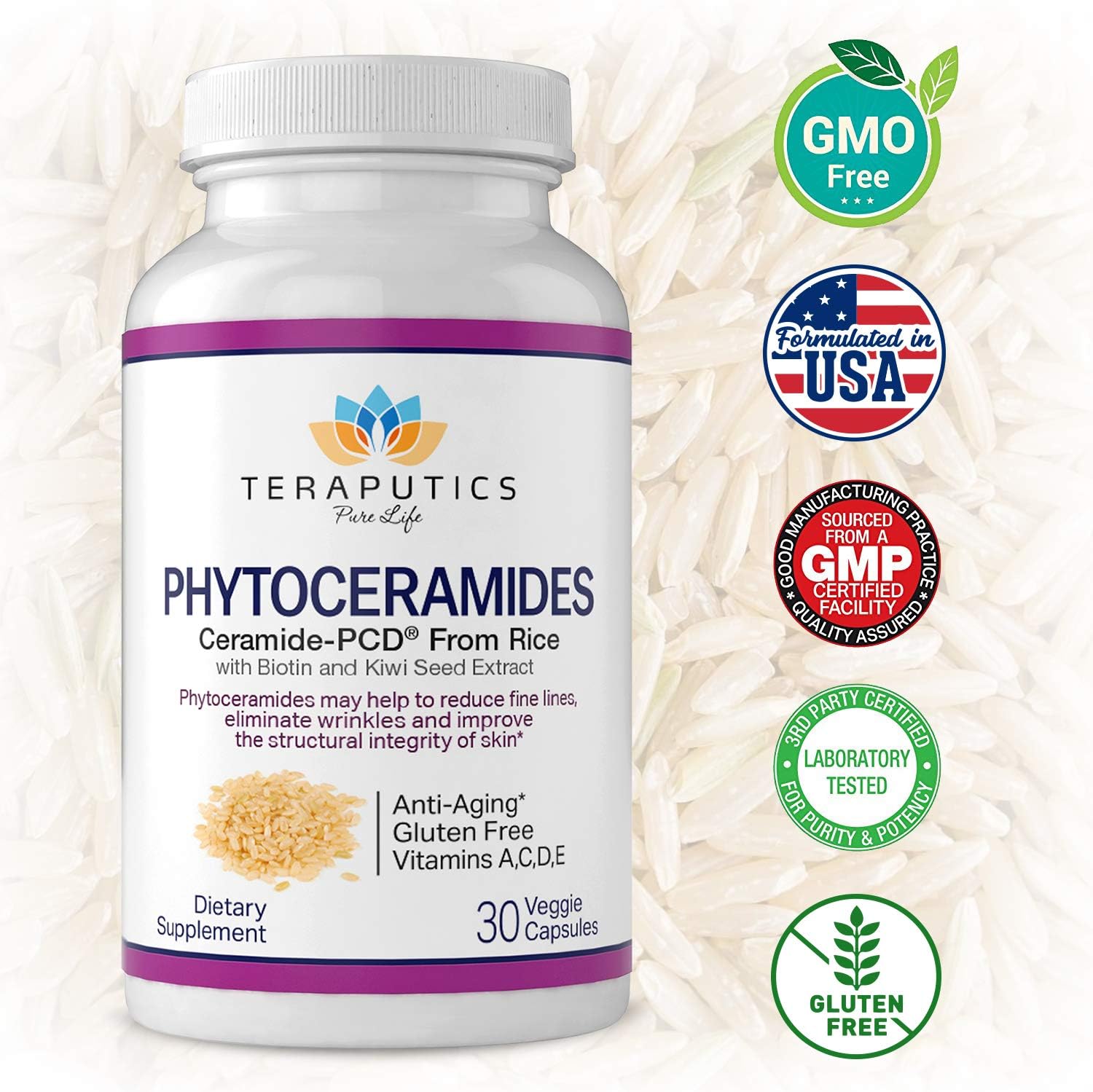 Rice-Based Phytoceramides with Biotin & Kiwi Seed - Hair Skin Nails Vitamin - Reduce Fine Lines, Strengthen Hair & Nails - 30 Veggie Capsules