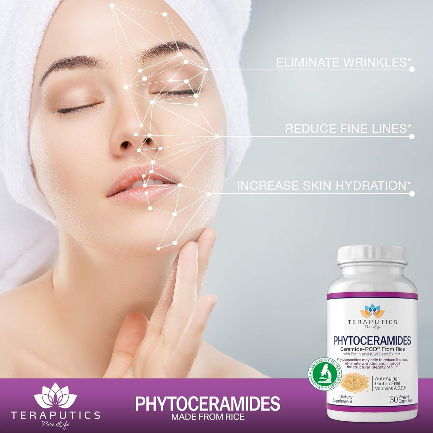 Rice-Based Phytoceramides with Biotin & Kiwi Seed - Hair Skin Nails Vitamin - Reduce Fine Lines, Strengthen Hair & Nails - 30 Veggie Capsules
