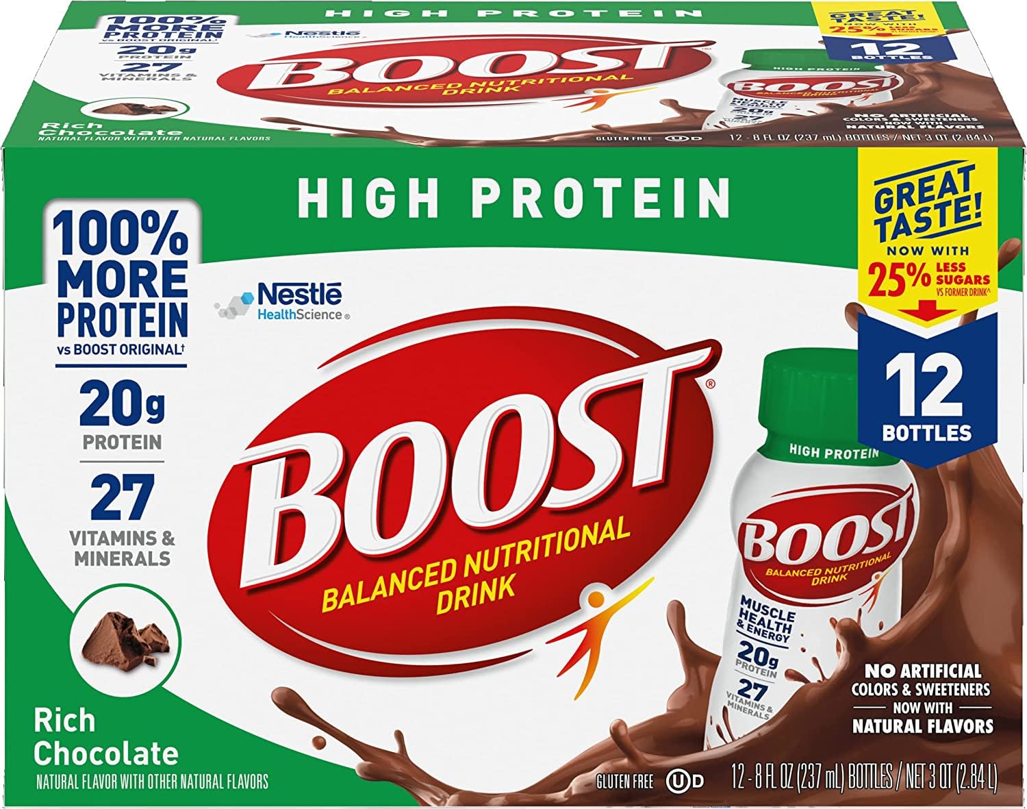 Rich Chocolate BOOST High Protein Ready to Drink - 8 FL OZ (Pack of 12) - Balanced Nutritional Beverage
