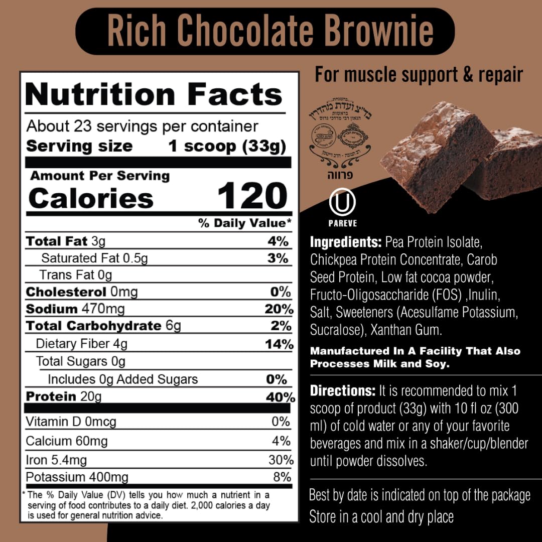 Rich Chocolate Brownie Flavored Plant Protein Powder Mix – Gluten Free, Vegan, Highly Kosher, 20g Protein, 2.4g BCAA, 1.65lb