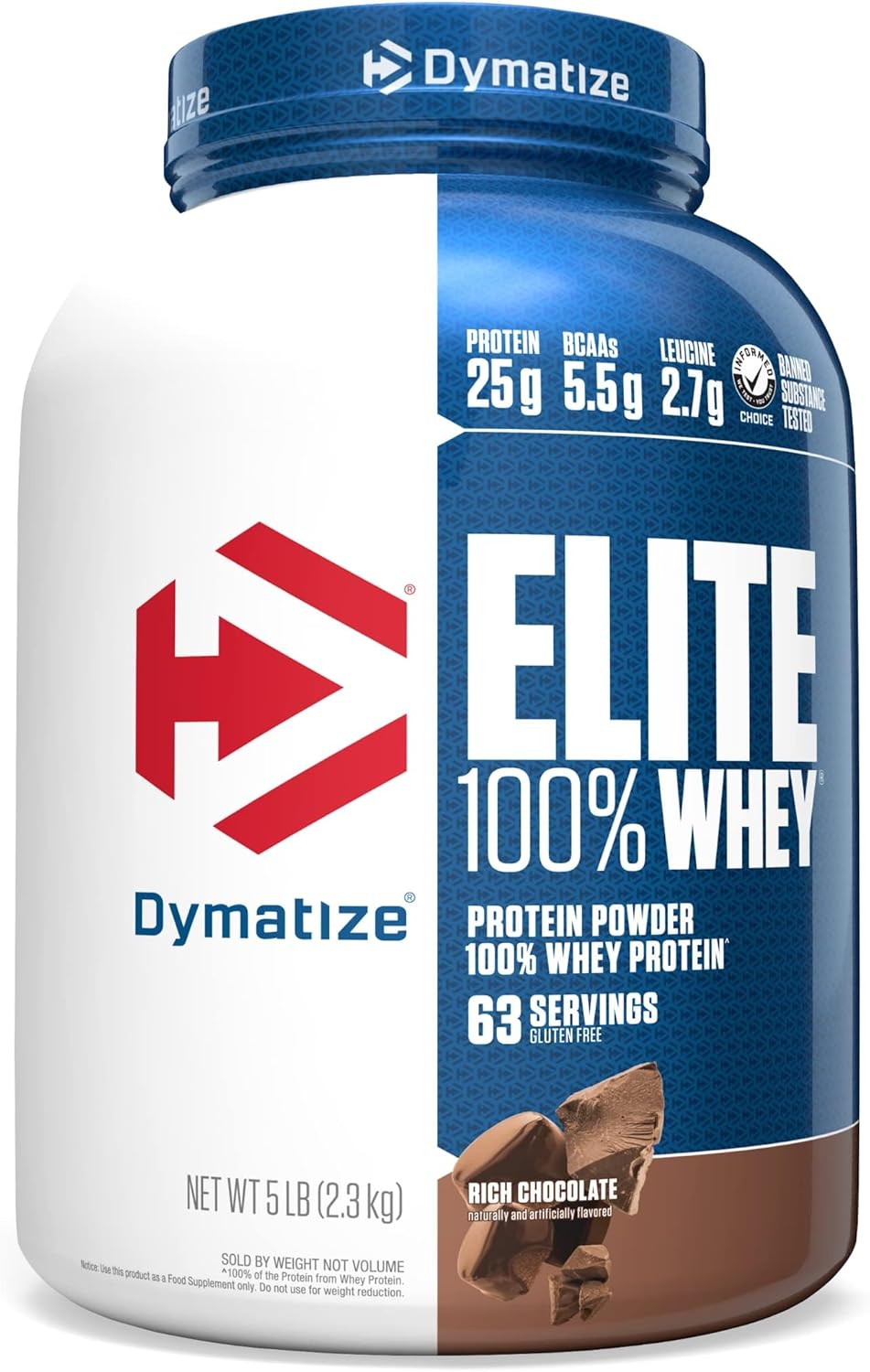 Rich Chocolate Dymatize Elite 100% Whey Protein Powder - 25g Protein, 5.5g BCAAs, 2.7 L-Leucine - Fast Absorbing & Digesting for Muscle Recovery - 5lb, 63 Servings