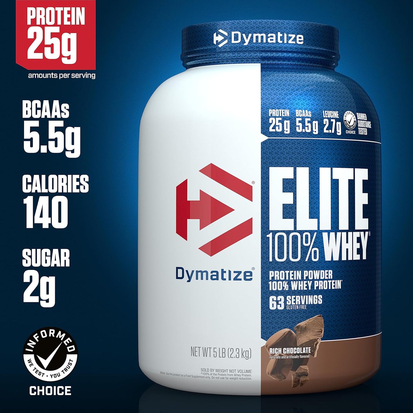 Rich Chocolate Dymatize Elite 100% Whey Protein Powder - 25g Protein, 5.5g BCAAs, 2.7 L-Leucine - Fast Absorbing & Digesting for Muscle Recovery - 5lb, 63 Servings