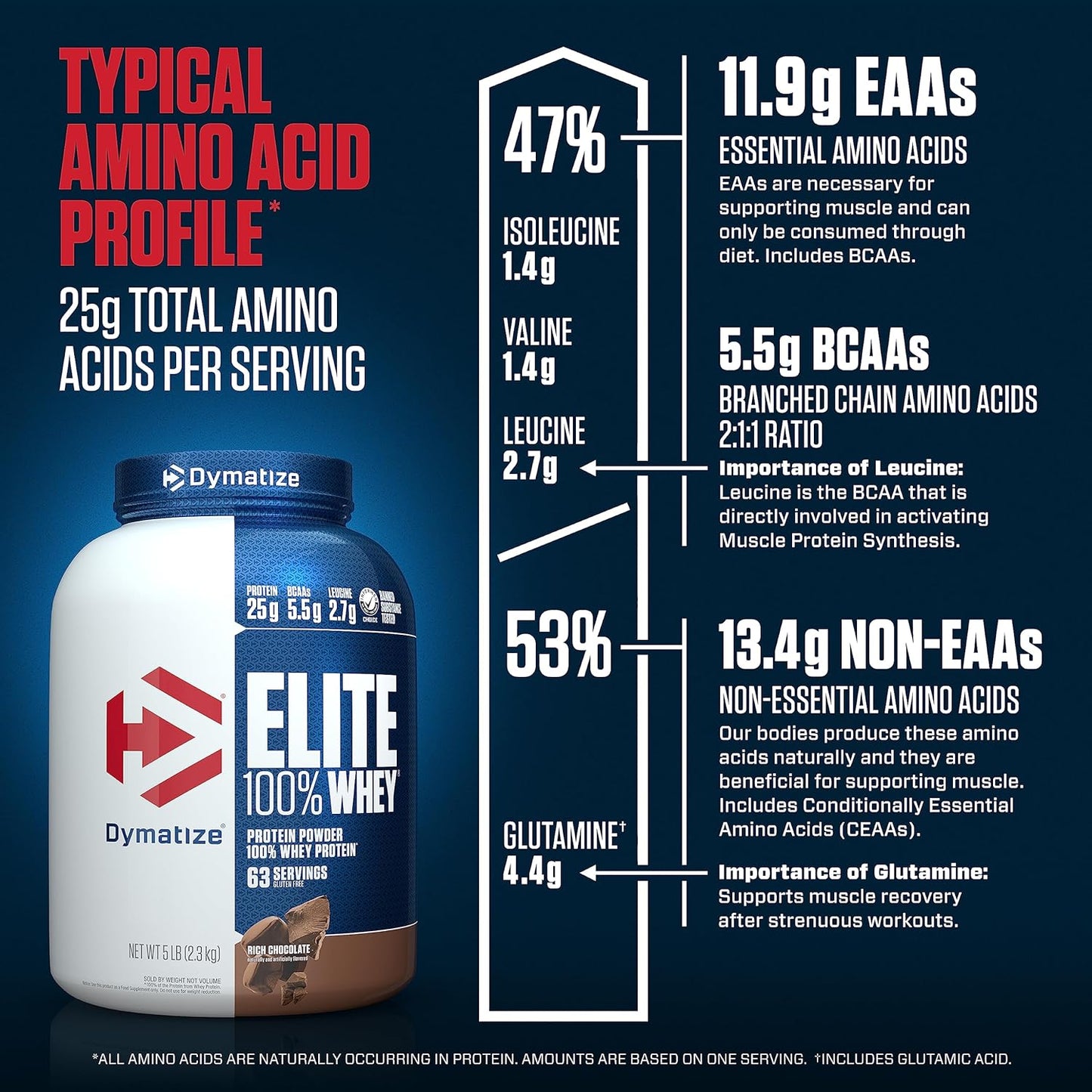 Rich Chocolate Dymatize Elite 100% Whey Protein Powder - 25g Protein, 5.5g BCAAs, 2.7 L-Leucine - Fast Absorbing & Digesting for Muscle Recovery - 5lb, 63 Servings