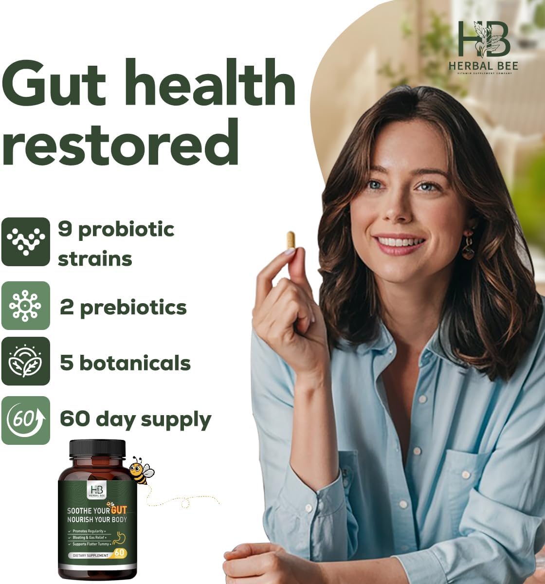 Rigma Herbal BEE Gut Health Capsules - Relief for Gas, Bloating, Constipation - Cleanse and Restore Digestion for Regularity, 60 Count