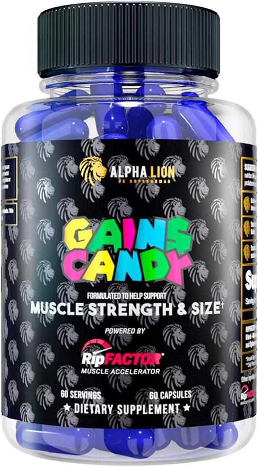 RipFACTOR® Alpha Lion Gains Candy Supplement Pills - Muscle Growth & Strength Booster - 60 Capsules - Daily Energy Upgrade