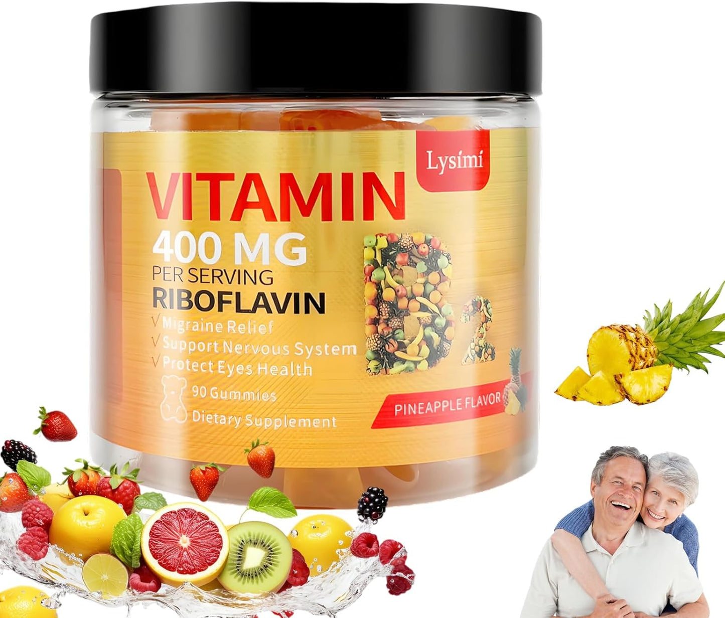 Ripkegn Vitamin B2 Gummies with Magnesium and CoQ10 - Pineapple Flavored Chewable Supplement for Energy and Nervous System Support - 90 Count