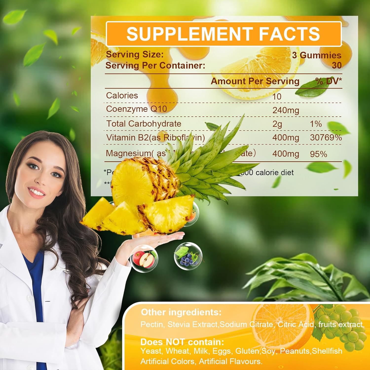 Ripkegn Vitamin B2 Gummies with Magnesium and CoQ10 - Pineapple Flavored Chewable Supplement for Energy and Nervous System Support - 90 Count
