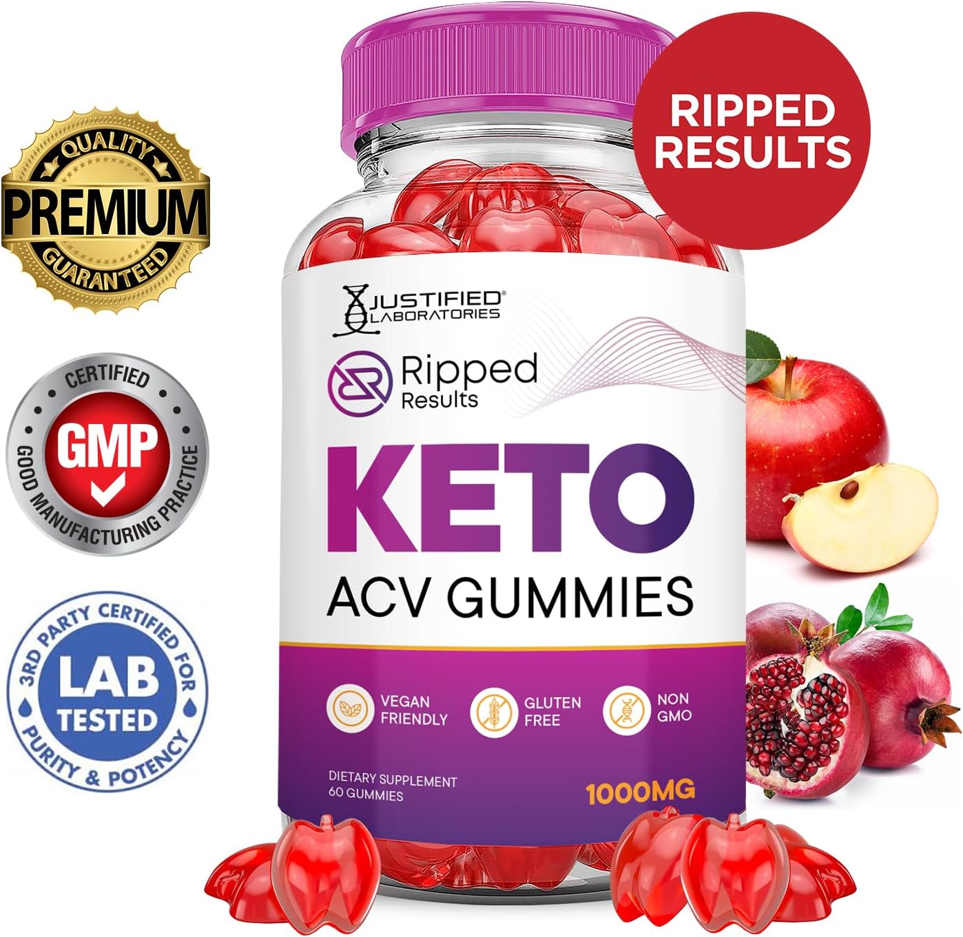 Ripped Results Keto ACV Gummies - Advanced Formula with Pomegranate & B12 - 1000MG Vegan Non GMO - 60 Gummys