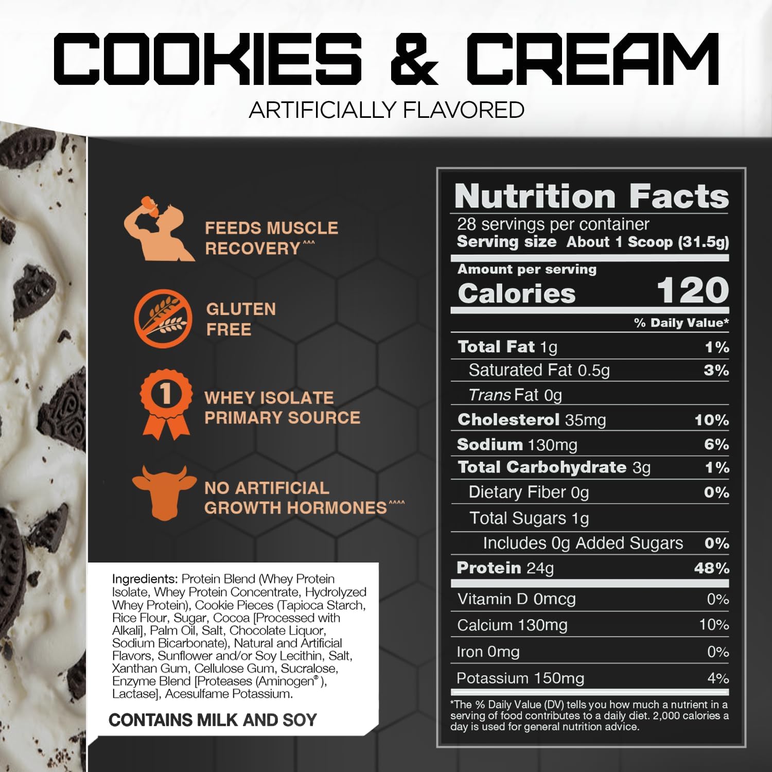 Rival Nutrition Whey Protein Powder - Cookies & Cream Flavor, 2lbs - High-Quality Supplement for Muscle Recovery and Growth