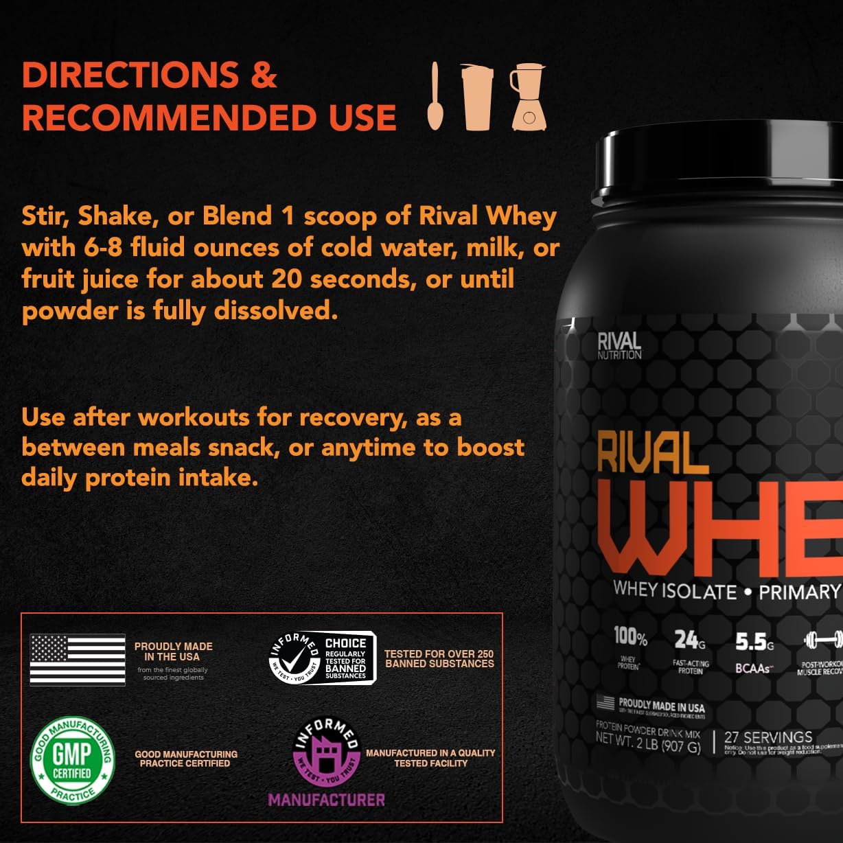 Rivalus Rivalwhey Strawberry Creme 2lb - 100% Whey Protein Isolate, Clean Profile, BCAAs, USA-Made