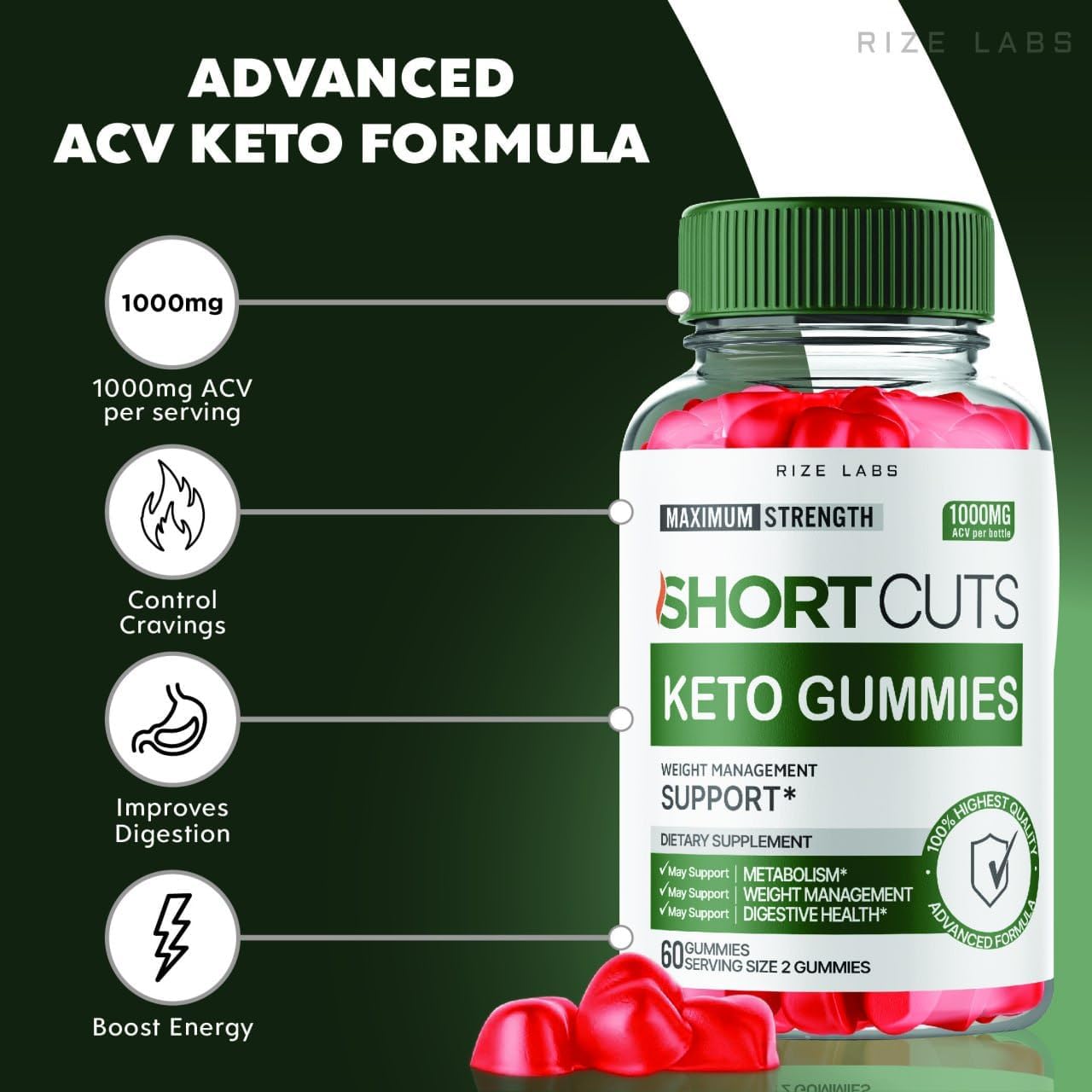 Rize Labs 2 Pack Keto Gummies for Advanced Slimming Formula and Energy - ACV Supplement with Metabolism Support - 120 Gummies