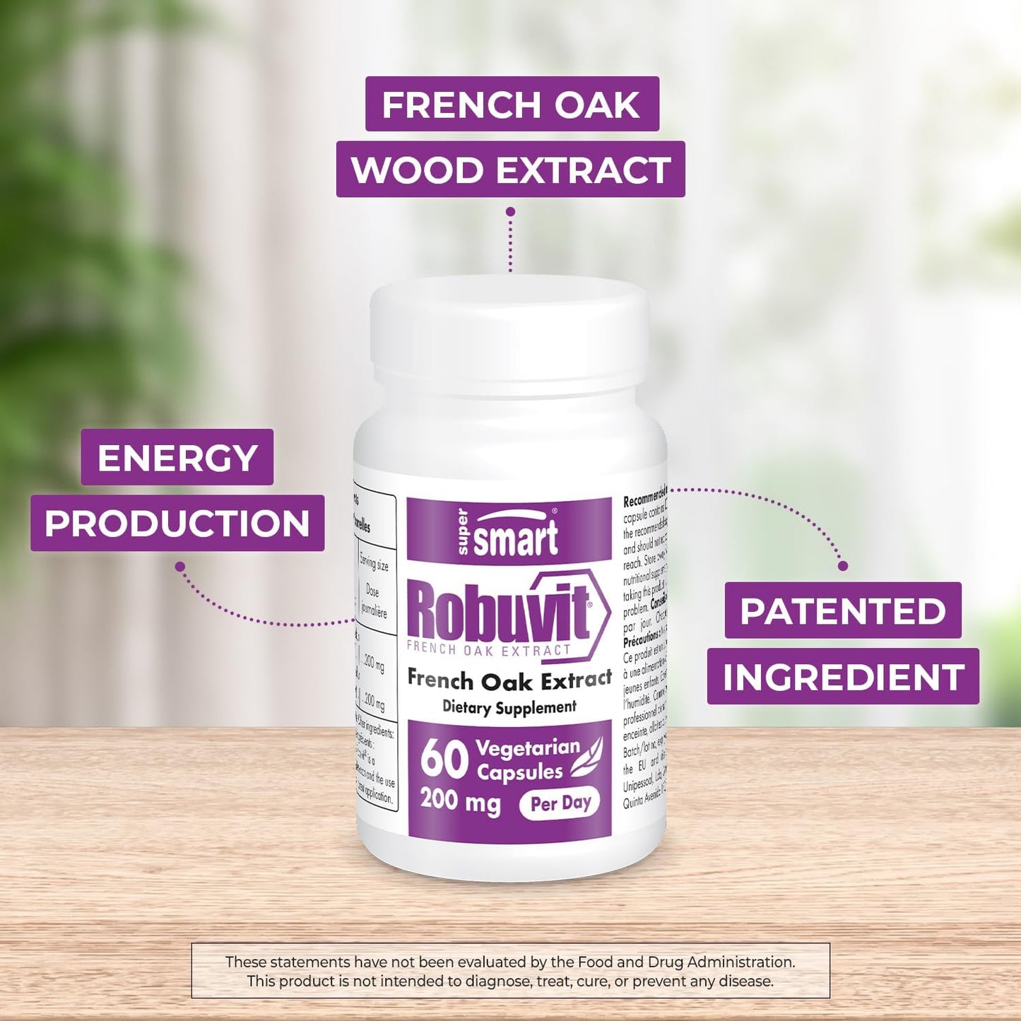 Robuvit Energy Supplement - French Oak Wood Extract Capsules 200mg - Antioxidant & Non-GMO - Gluten Free - 60 Vegetarian Capsules