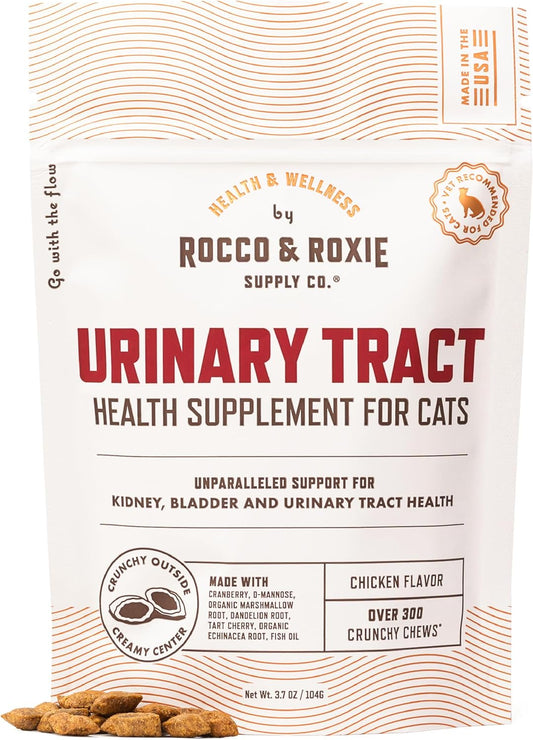 Rocco & Roxie Cat Urinary Tract Health Supplement with Cranberry and D-Mannose for Kidney, Bladder, and UT Support - Chicken Flavored Crunchy Chews - Made in USA