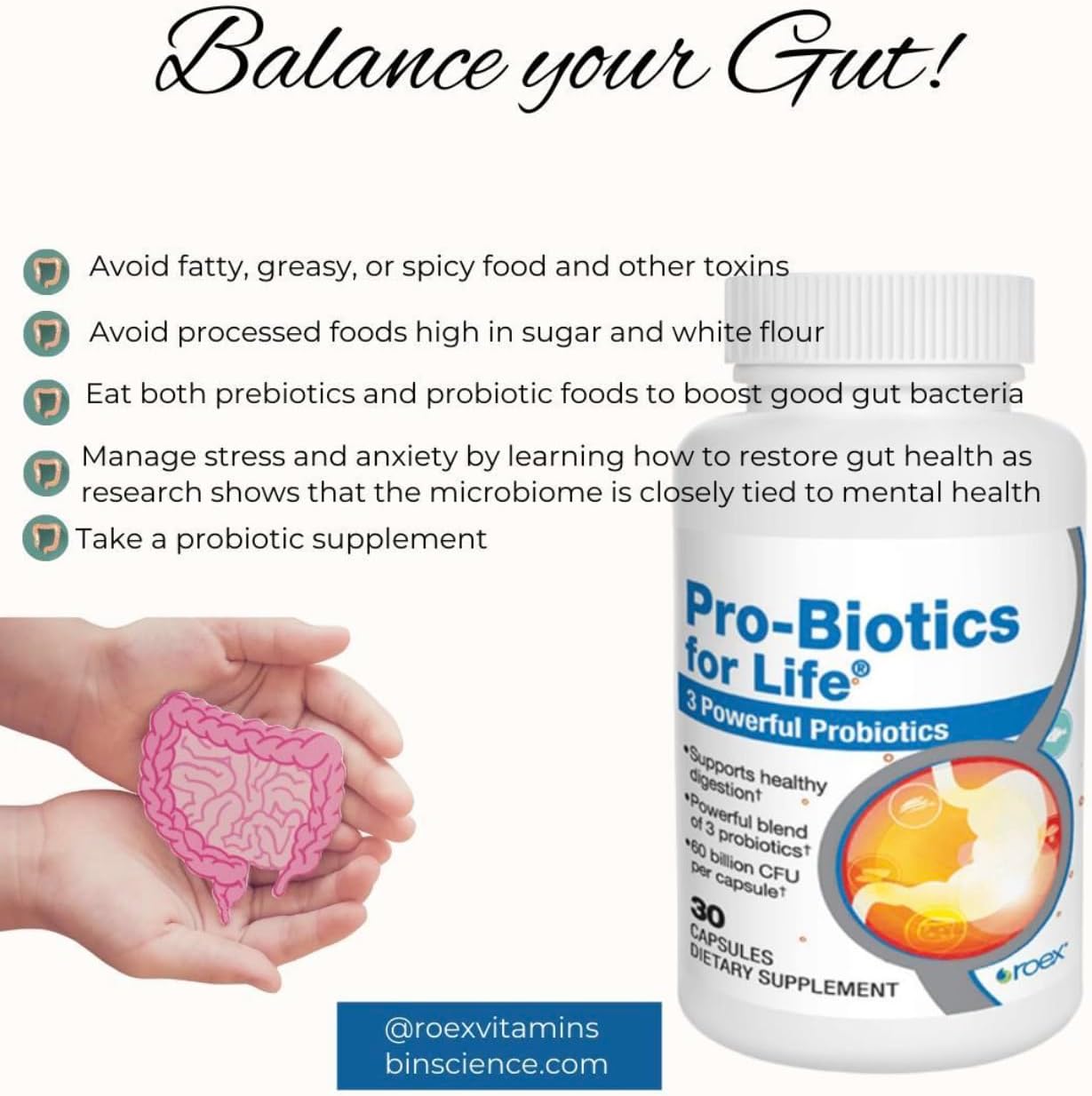 Roex Probiotics for Gut Health and Digestion Support - 30 Vegetable Capsules
