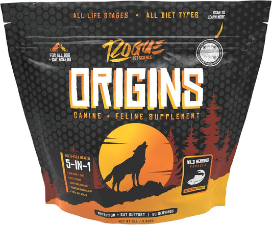Rogue Pet Science Origins 5-in-1 Dog Supplement with Omega 3 Fish Oil for Healthy Digestion, Skin, Coat, Itching & Joints (5 lbs)