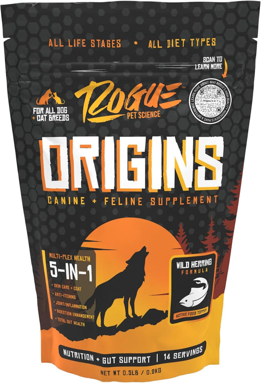 Rogue Pet Science Origins 5-in-1 Dog Supplement with Natural Omega 3 Fish Oil for Healthy Digestion, Skin, Coat, Itching & Joint Inflammation