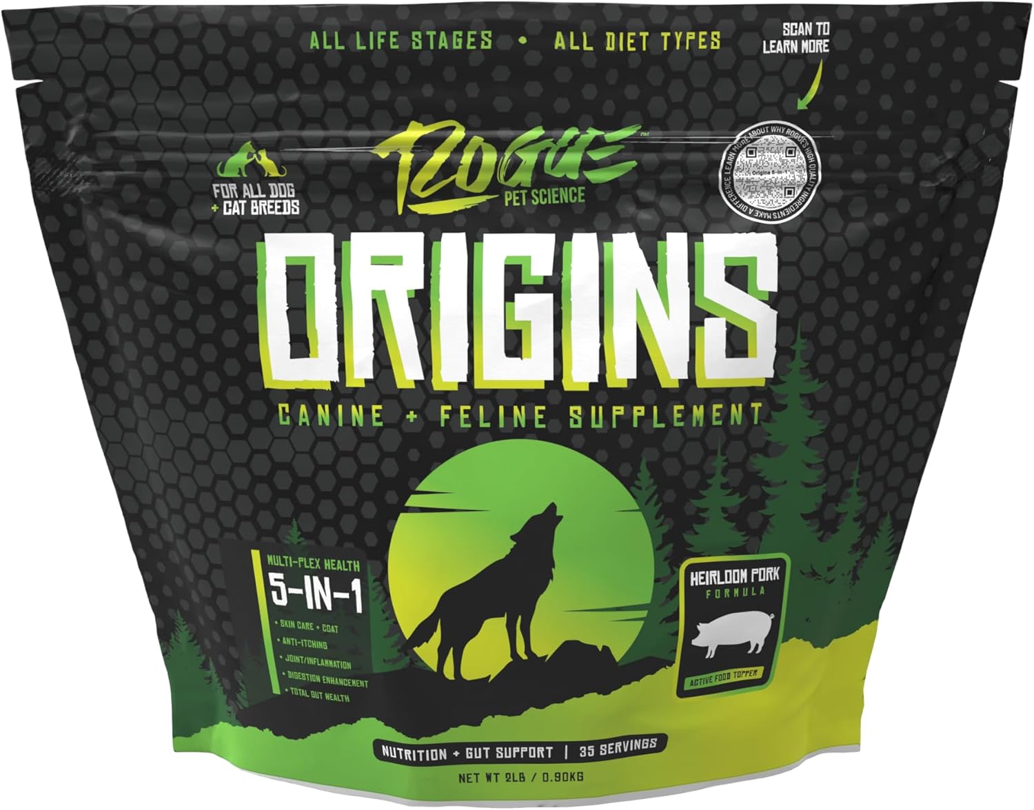 Rogue Pet Science Origins 5-in-1 Dog Supplement with Natural Heirloom Pork Protein - Powder Food Topper for Healthy Digestion, Skin, Coat - Reduces Itching & Joint Inflammation - 2 lbs