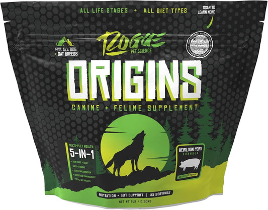 Rogue Pet Science Origins 5-in-1 Dog Supplement with Natural Heirloom Pork Protein - Powder Food Topper for Healthy Digestion, Skin, Coat - Reduces Itching & Joint Inflammation - 2 lbs