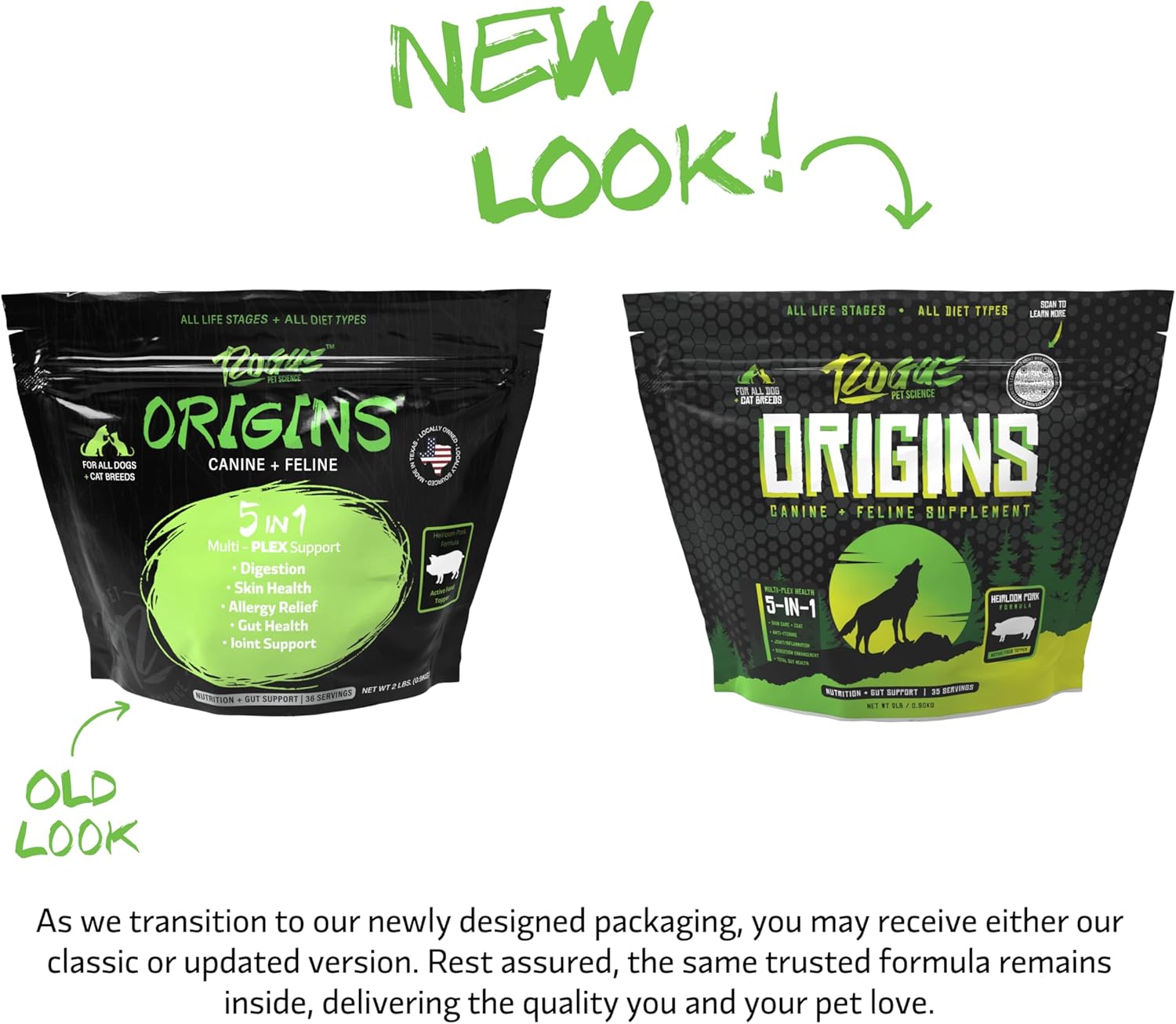 Rogue Pet Science Origins 5-in-1 Dog Supplement with Natural Heirloom Pork Protein - Powder Food Topper for Healthy Digestion, Skin, Coat - Reduces Itching & Joint Inflammation - 2 lbs