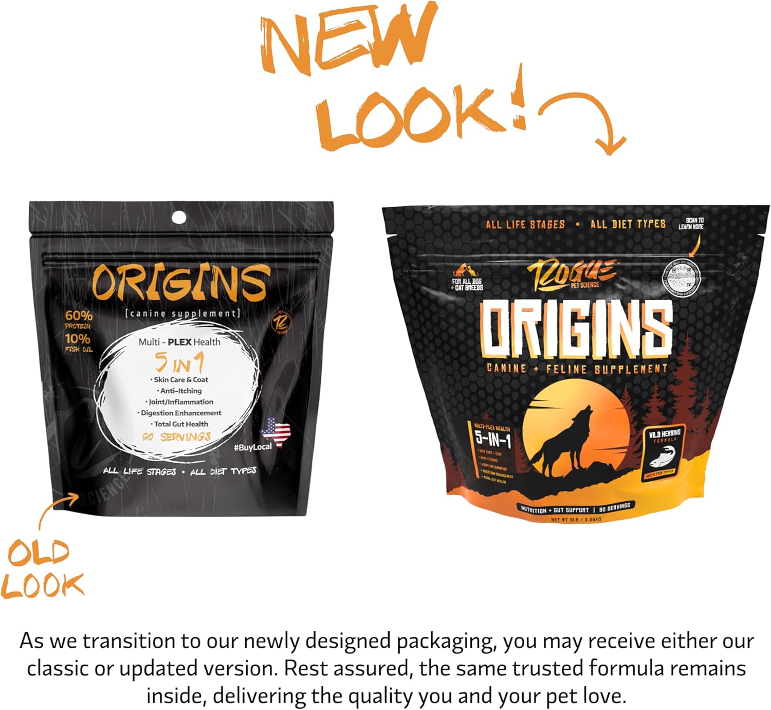 Rogue Pet Science Origins 5-in-1 Dog Supplement with Omega 3 Fish Oil for Healthy Digestion, Skin, Coat, Itching & Joints (5 lbs)