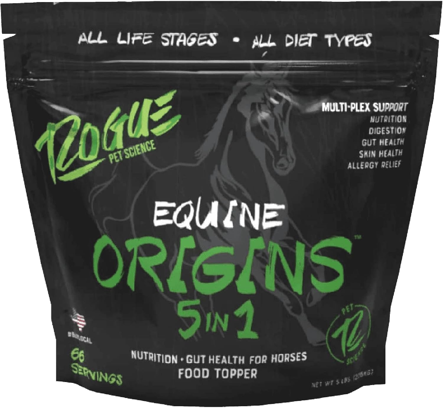 Rogue Pet Science Origins 5-in-1 Horse Supplement with Omega 3 Fish Oil - Supports Gut Health, Ulcer Relief, Joints, Allergies, Skin, Coat - 5 lb Pelleted Equine Food Topper