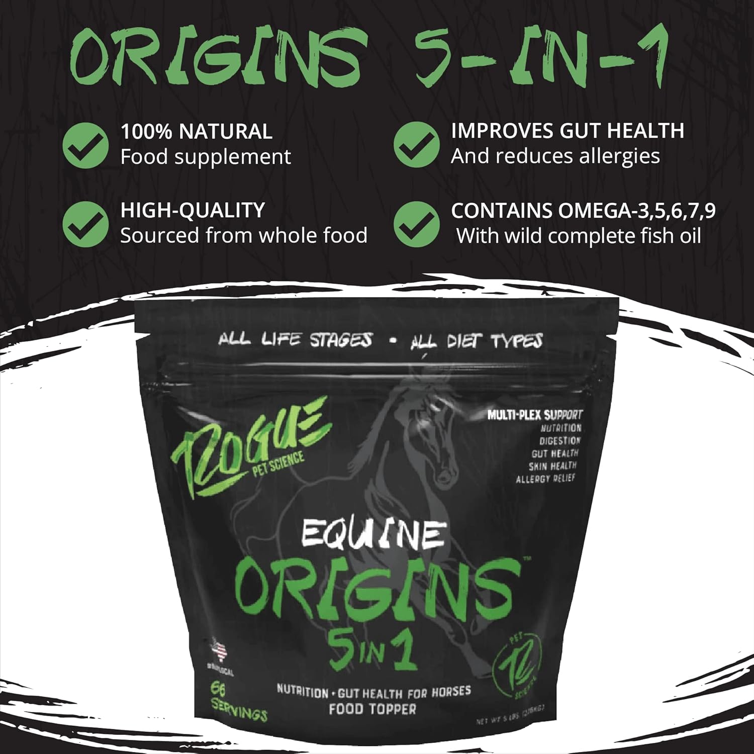 Rogue Pet Science Origins 5-in-1 Horse Supplement with Omega 3 Fish Oil - Supports Gut Health, Ulcer Relief, Joints, Allergies, Skin, Coat - 5 lb Pelleted Equine Food Topper