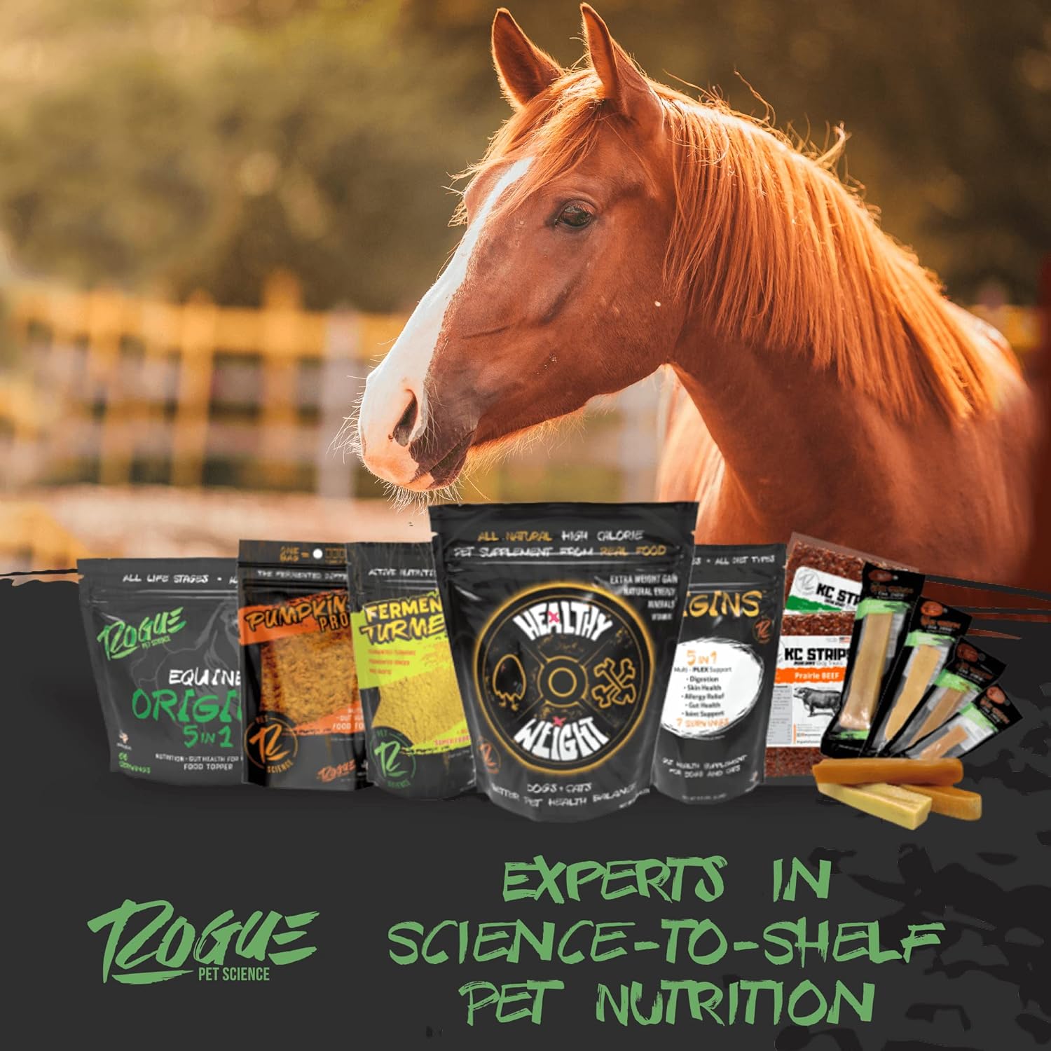 Rogue Pet Science Origins 5-in-1 Horse Supplement with Omega 3 Fish Oil - Supports Gut Health, Ulcer Relief, Joints, Allergies, Skin, Coat - 5 lb Pelleted Equine Food Topper