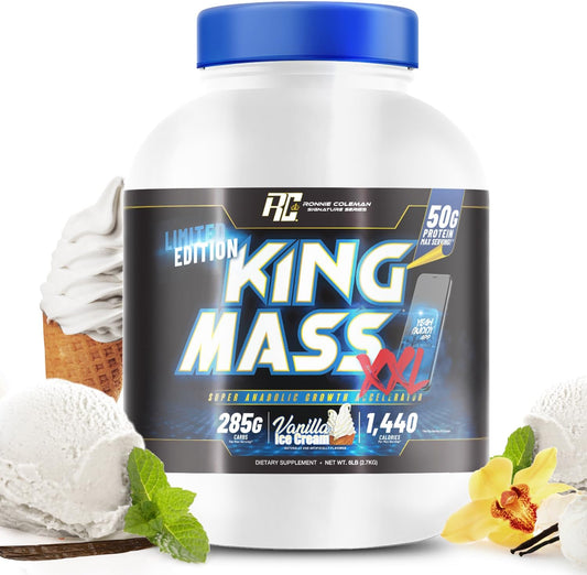 Ronnie Coleman Signature Series King Mass XXL Mass Gainer Protein Powder - 50g Protein, 285g Carbs, 1,400+ Calories, Creatine & Glutamine - 6lb Vanilla Flavor