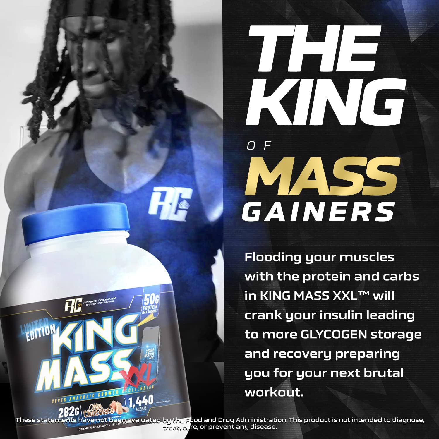 Ronnie Coleman Signature Series King Mass XXL Mass Gainer Protein Powder - 50g Protein, 285g Carbs, 1,400+ Calories, Creatine & Glutamine - 6lb Vanilla Flavor
