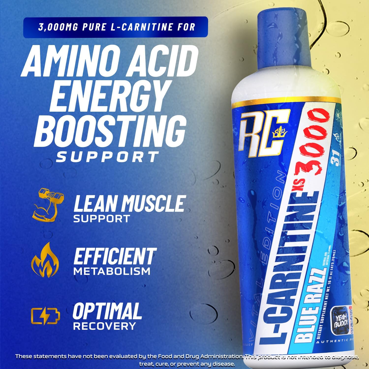 Ronnie Coleman Signature Series L-Carnitine XS 3000 Liquid, Blue Razz Flavor, Supports Amino Acid Metabolism and Lean Muscle Strength, Stimulant-Free, Sugar-Free, Zero Carbs, 16 Oz