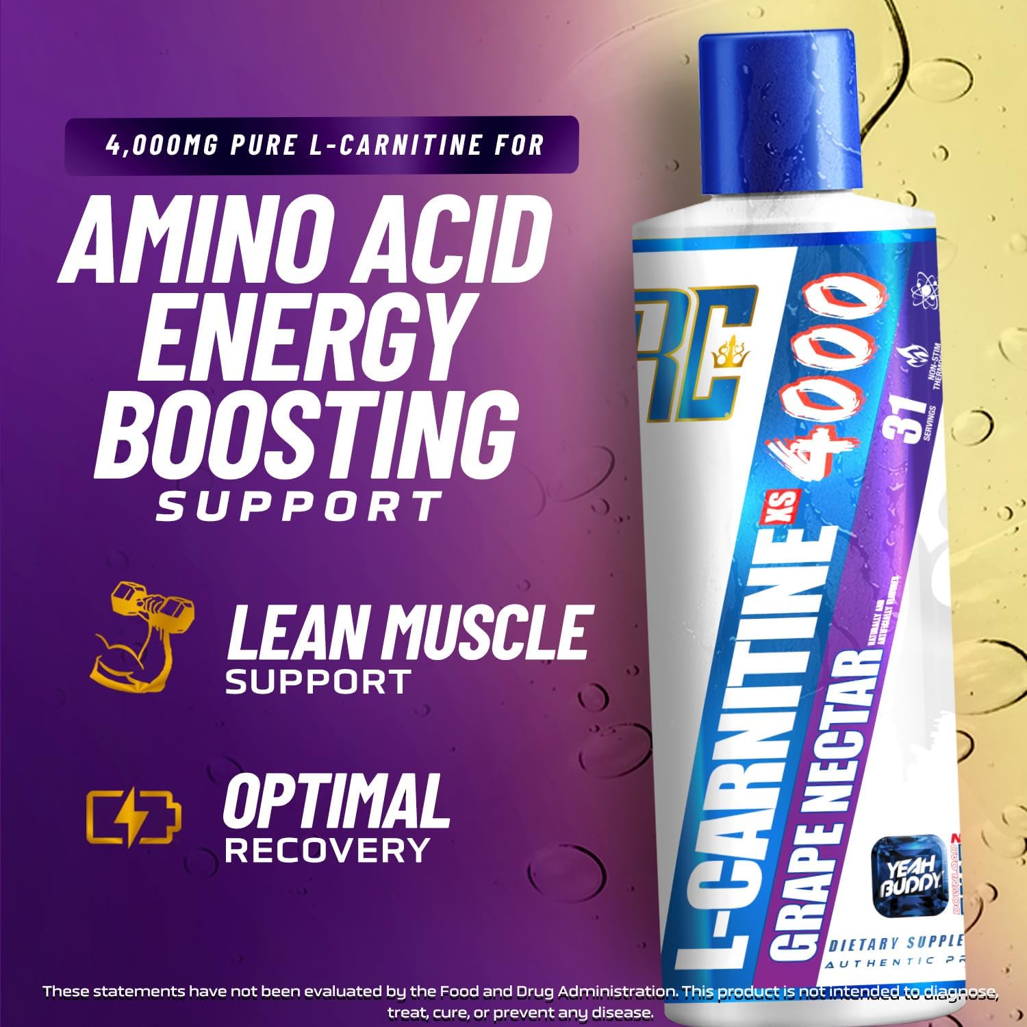 Ronnie Coleman Signature Series L Carnitine XS 4000 Liquid Grape Nectar - Lean Muscle Strength Support for Men & Women, 16 oz