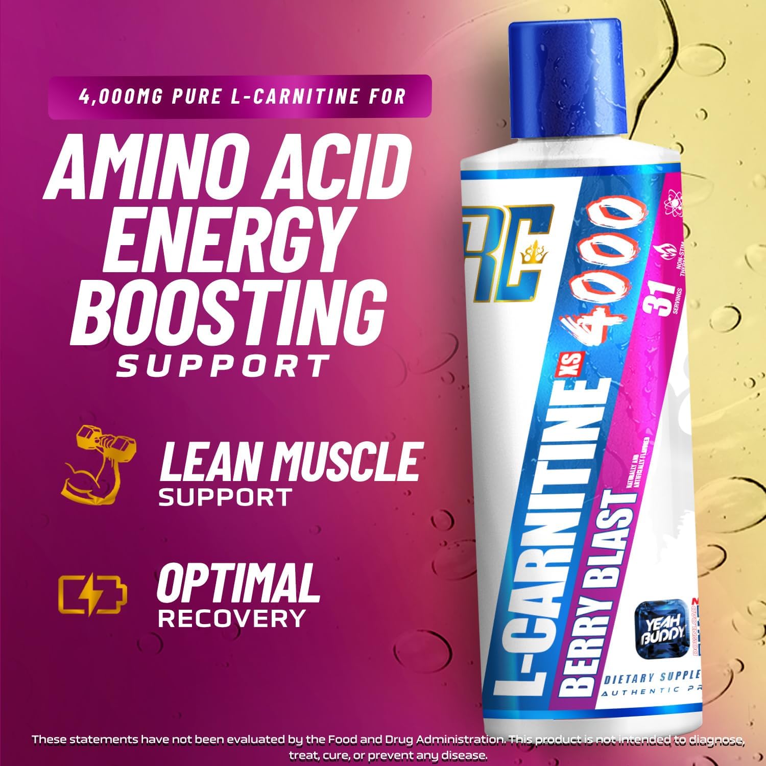 Ronnie Coleman Signature Series L Carnitine XS 4000 Liquid - Stimulant/Sugar Free, Lean Muscle Strength Support - Amino Acid Supplement for Men & Women - Berry Blast Flavor, 16 Oz