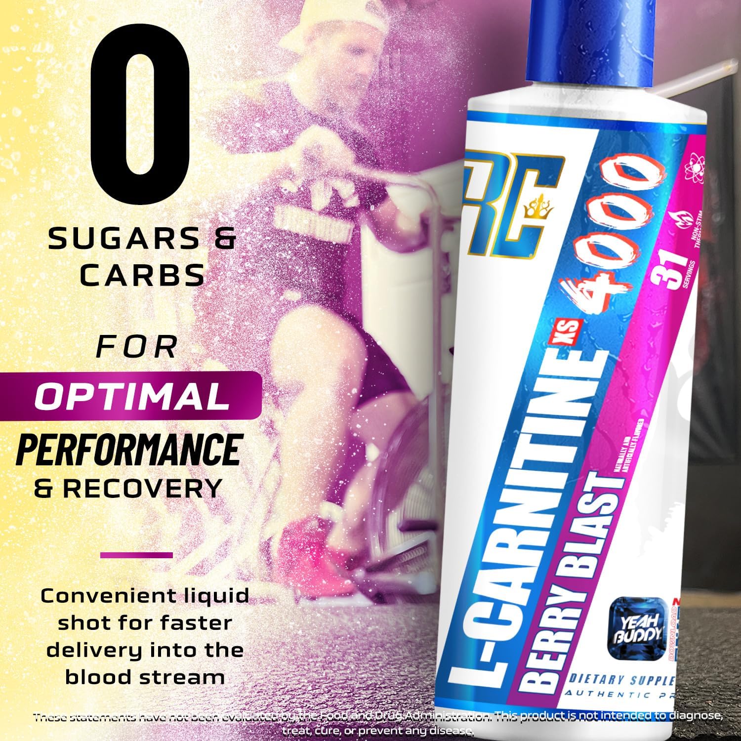 Ronnie Coleman Signature Series L Carnitine XS 4000 Liquid - Stimulant/Sugar Free, Lean Muscle Strength Support - Amino Acid Supplement for Men & Women - Berry Blast Flavor, 16 Oz