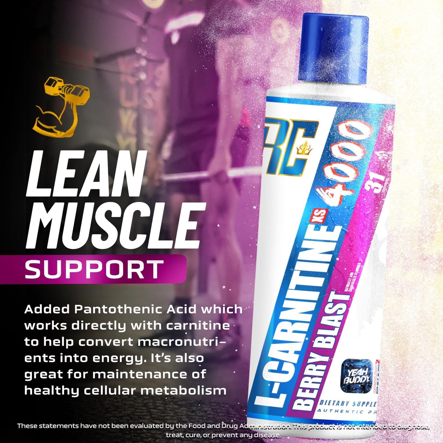 Ronnie Coleman Signature Series L Carnitine XS 4000 Liquid - Stimulant/Sugar Free, Lean Muscle Strength Support - Amino Acid Supplement for Men & Women - Berry Blast Flavor, 16 Oz