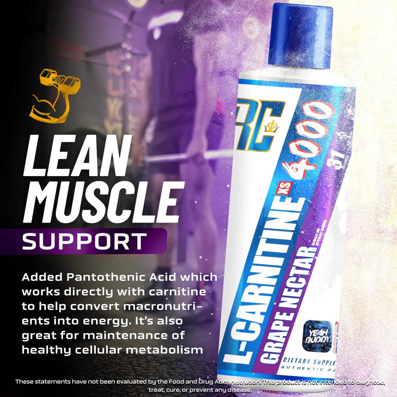 Ronnie Coleman Signature Series L Carnitine XS 4000 Liquid Grape Nectar - Lean Muscle Strength Support for Men & Women, 16 oz