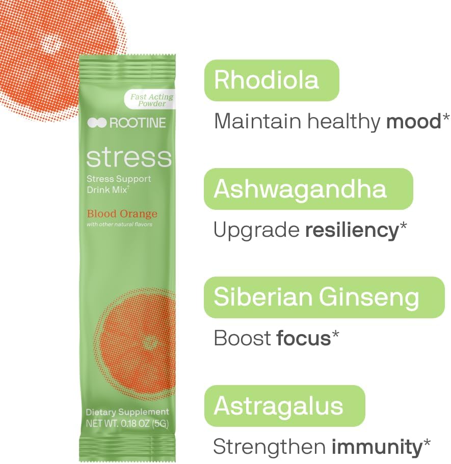 Rootine Stress Support Calm Drink Mix Supplement - Boost Energy, Improve Mood, Balance Cortisol, Natural Adaptogenic Herbal Powder Mix 24 Pack