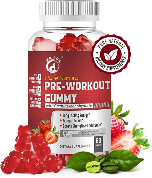 Ros Natural Pre-Workout Gummies with Creatine & Green Coffee Extract - Energy, Focus, Endurance Boost - Strawberry Flavor - 60 Gummies