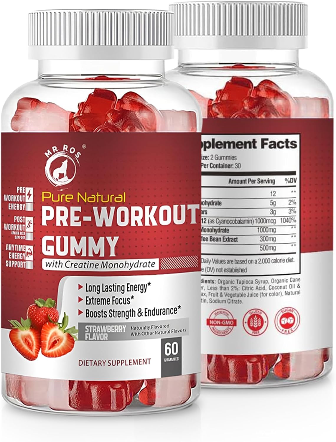 Ros Natural Pre-Workout Gummies with Creatine & Green Coffee Extract - Energy, Focus, Endurance Boost - Strawberry Flavor - 60 Gummies
