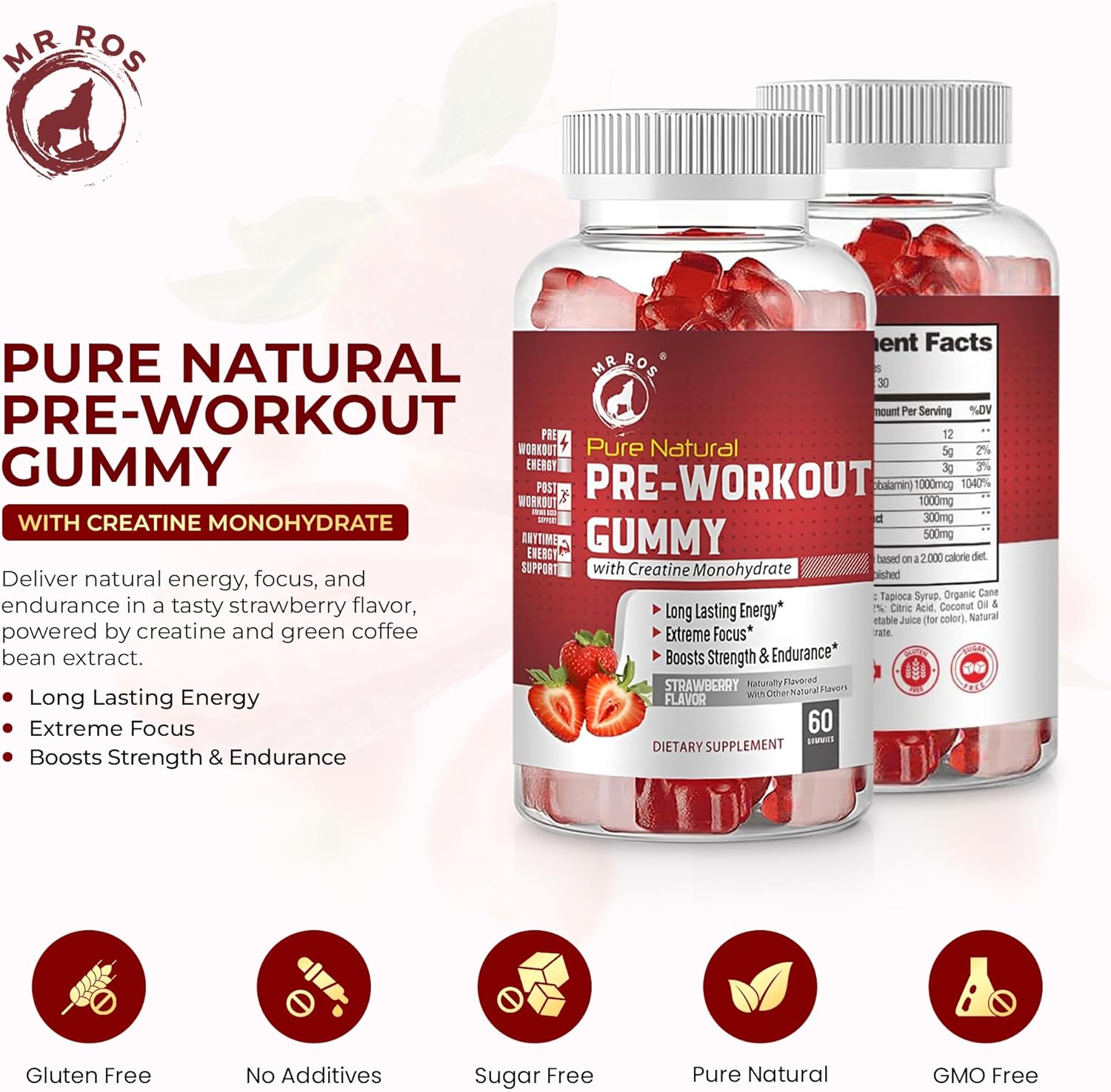Ros Natural Pre-Workout Gummies with Creatine & Green Coffee Extract - Energy, Focus, Endurance Boost - Strawberry Flavor - 60 Gummies
