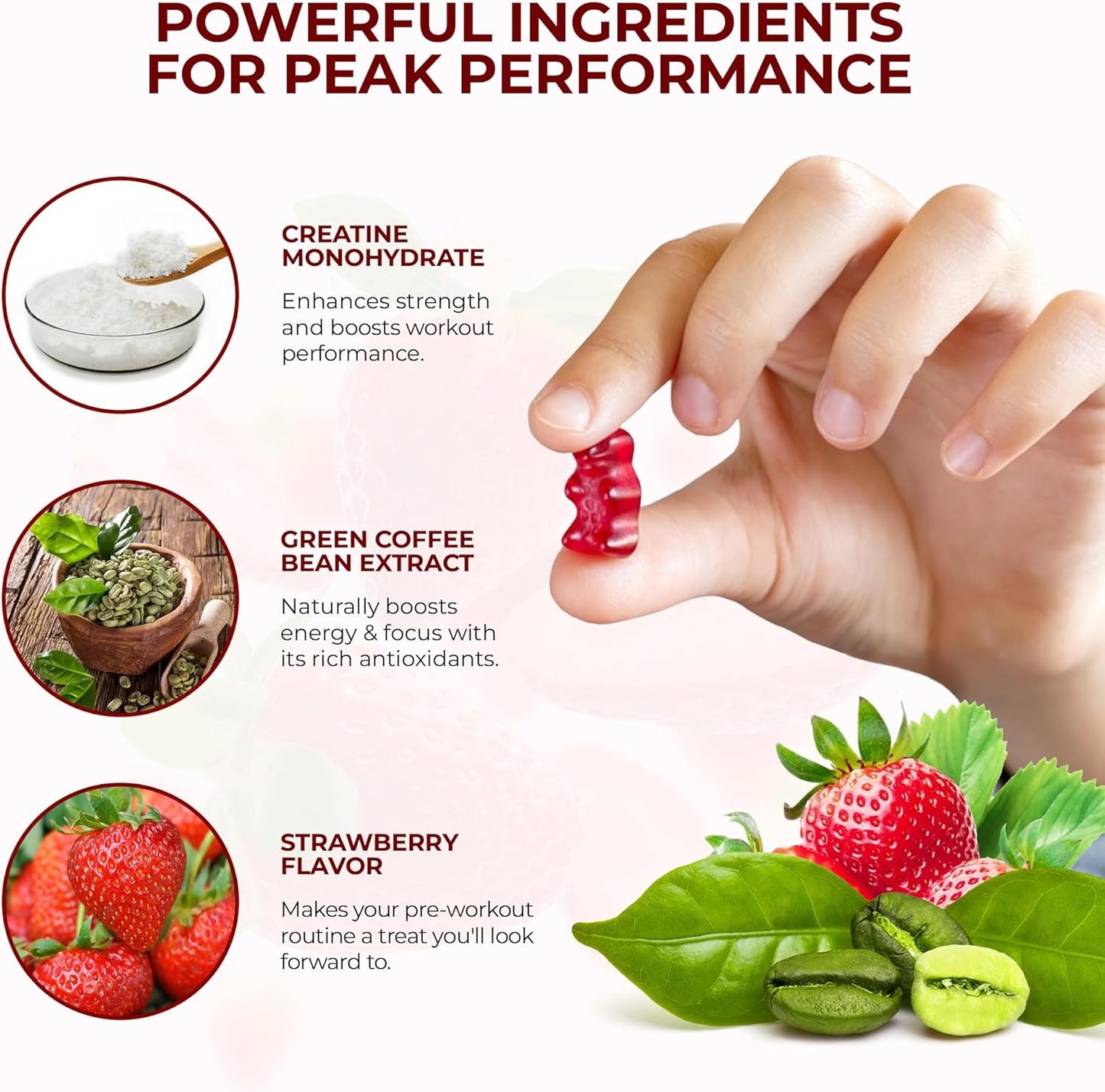 Ros Natural Pre-Workout Gummies with Creatine & Green Coffee Extract - Energy, Focus, Endurance Boost - Strawberry Flavor - 60 Gummies