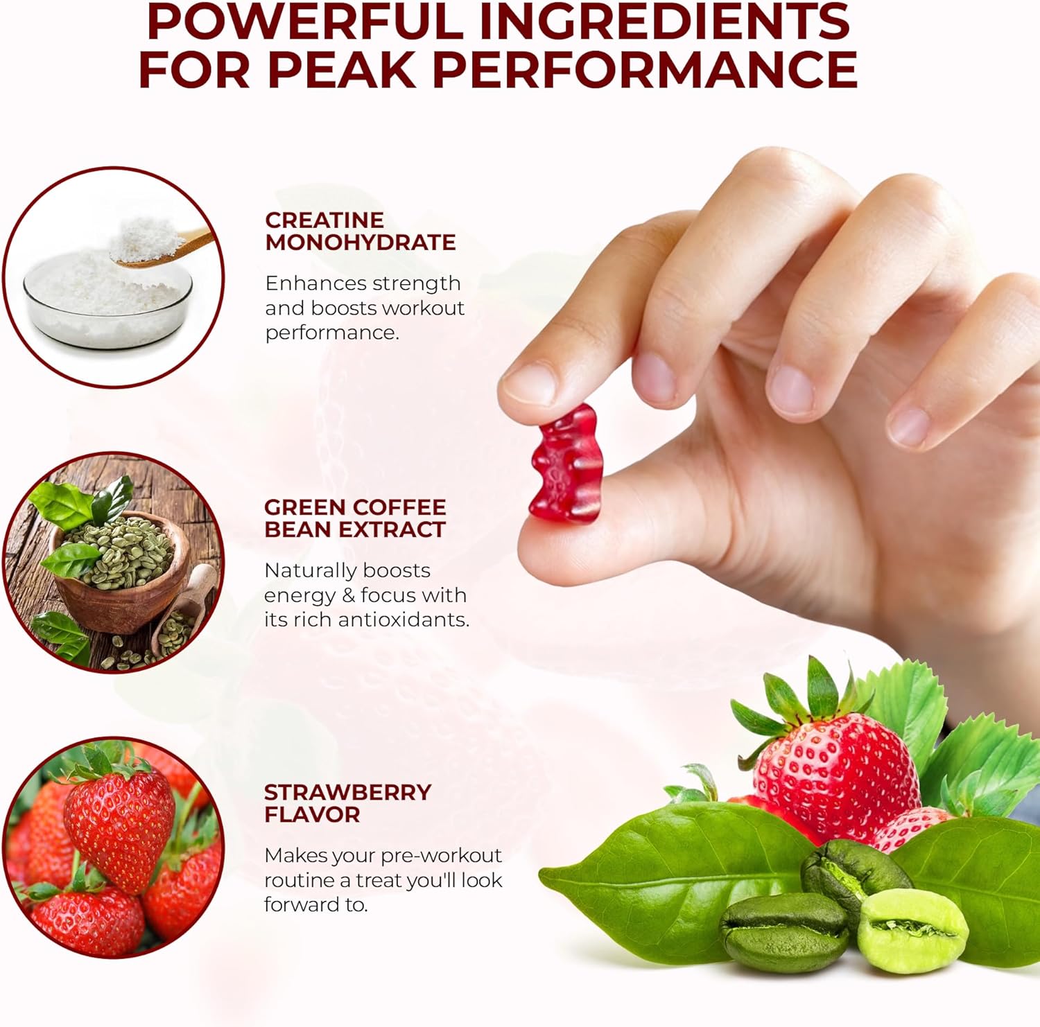 Ros Natural Pre-Workout Gummies with Creatine & Green Coffee Extract - Energy, Focus, Endurance Boost - Strawberry Flavor - 60 Gummies