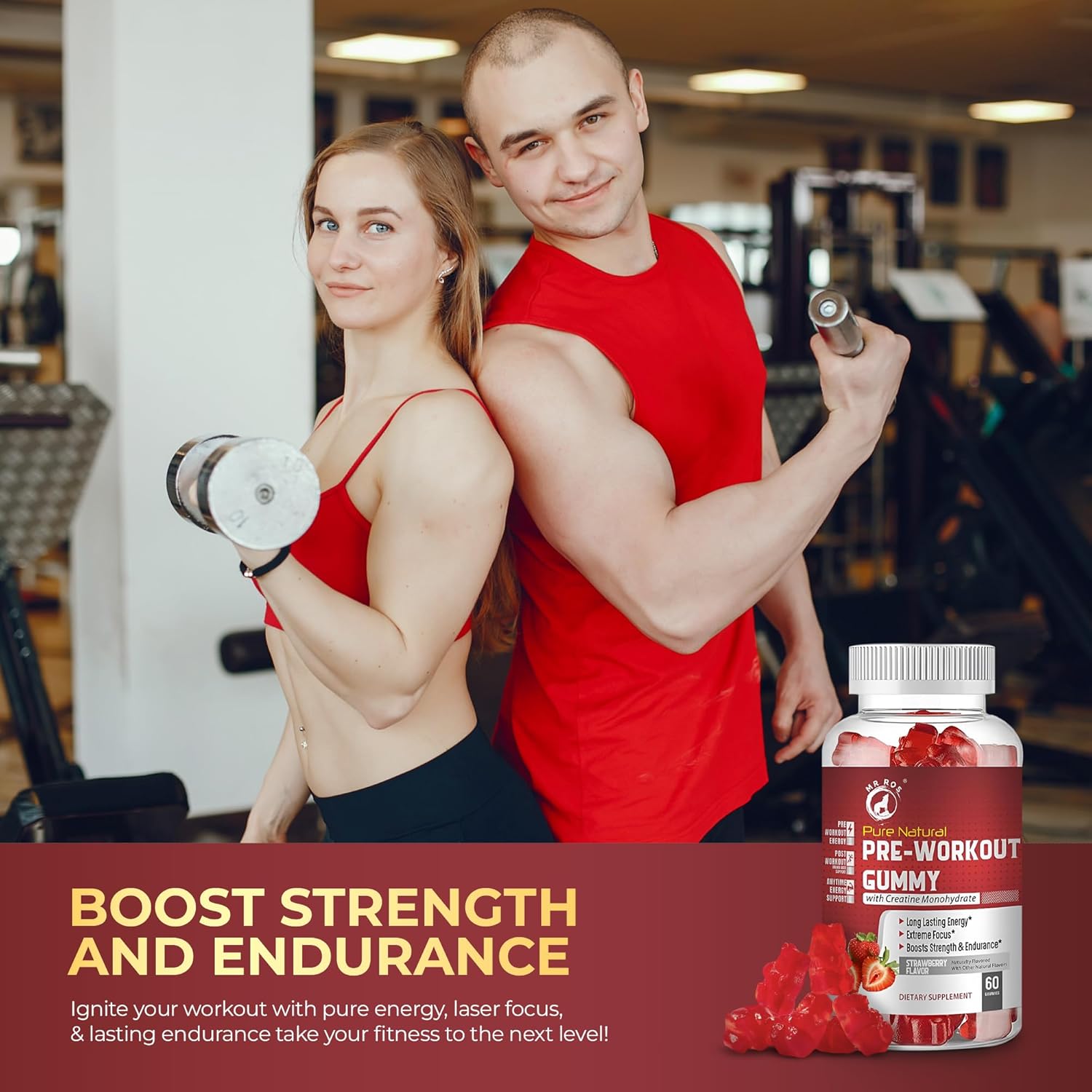 Ros Natural Pre-Workout Gummies with Creatine & Green Coffee Extract - Energy, Focus, Endurance Boost - Strawberry Flavor - 60 Gummies