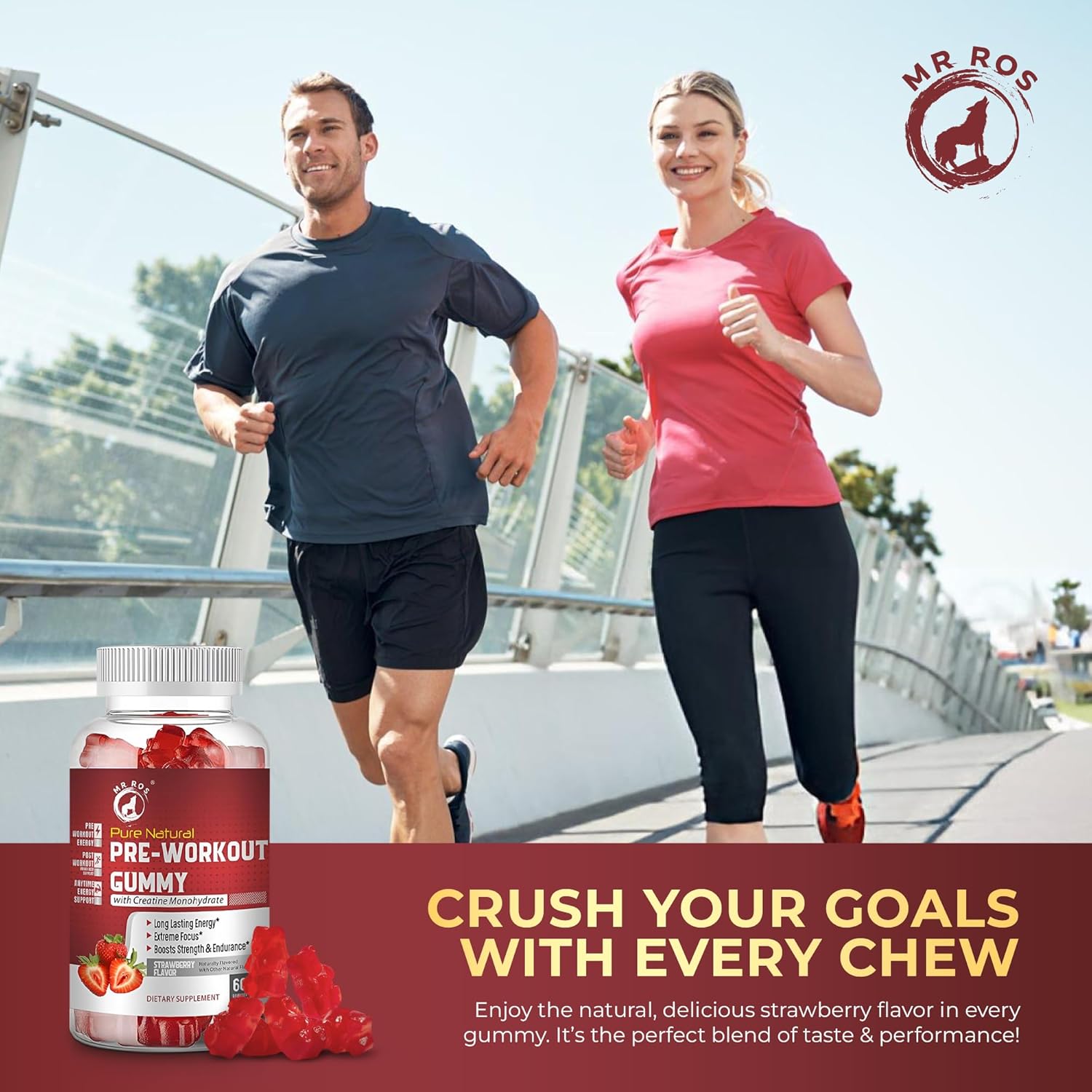 Ros Natural Pre-Workout Gummies with Creatine & Green Coffee Extract - Energy, Focus, Endurance Boost - Strawberry Flavor - 60 Gummies