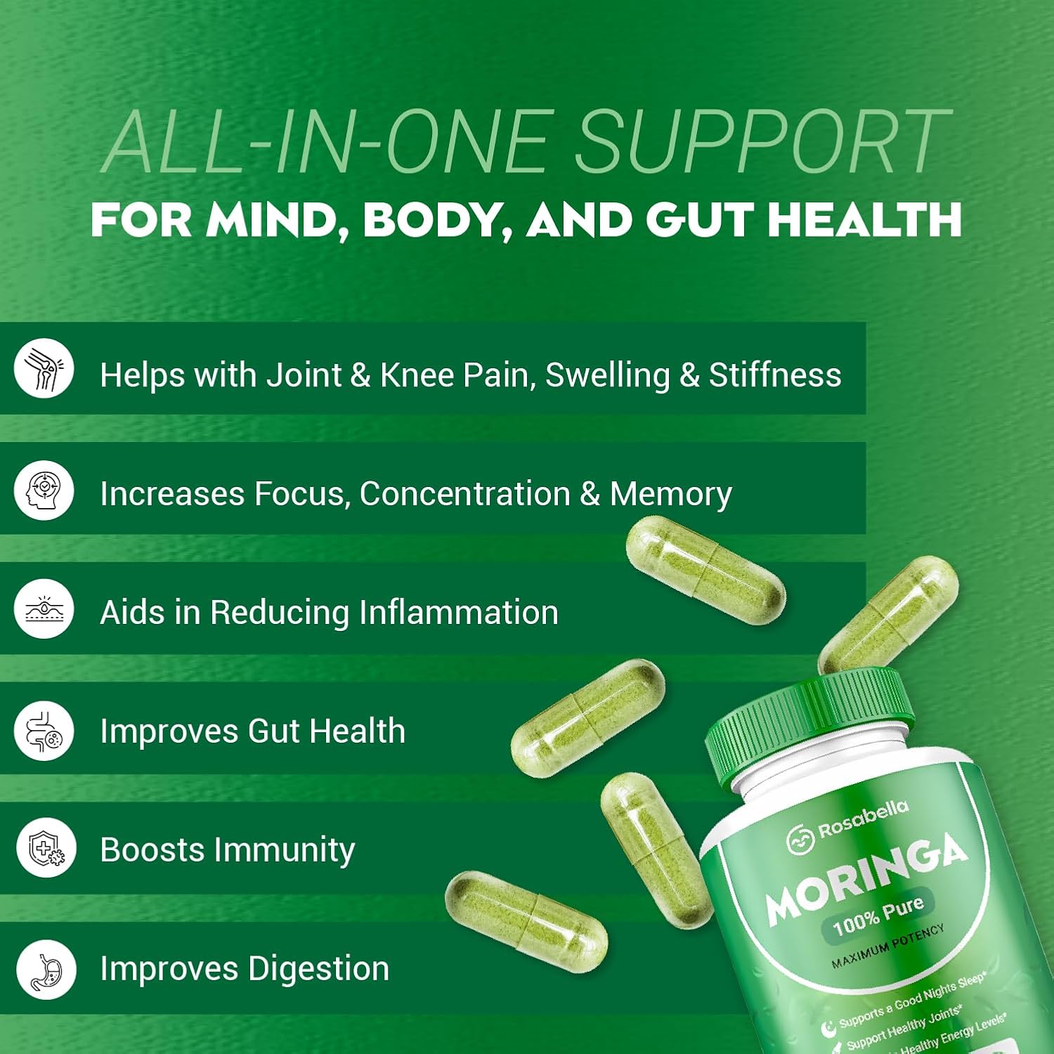 Rosabella Moringa Powder Capsules - Pure Nutrient-Rich Superfood for Energy, Skin & Gut Health - With Essential Vitamins and Amino Acids - Pack of 4