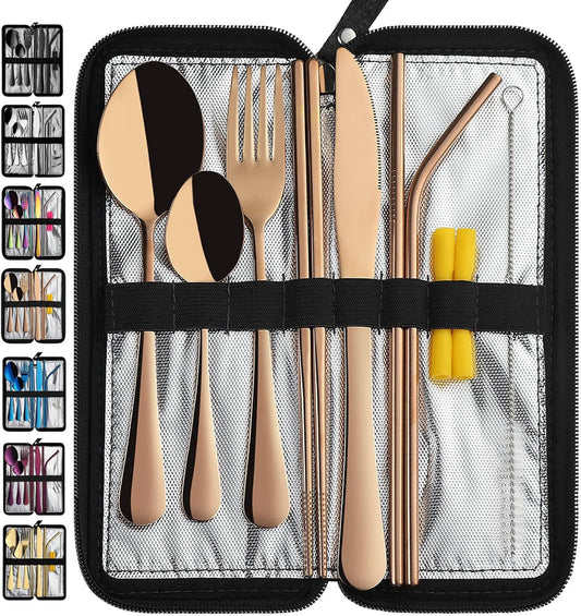 Rose Gold Portable Travel Utensils Set - Reusable Stainless Steel Flatware with Case for Camping and Picnics - 9 Piece Cutlery Set