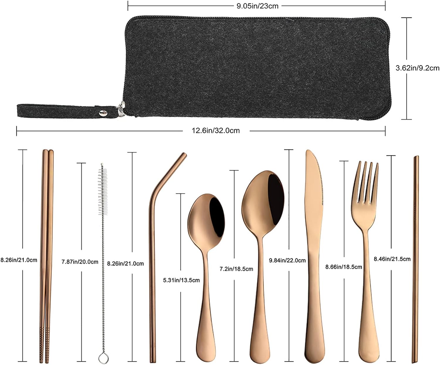 Rose Gold Portable Travel Utensils Set - Reusable Stainless Steel Flatware with Case for Camping and Picnics - 9 Piece Cutlery Set